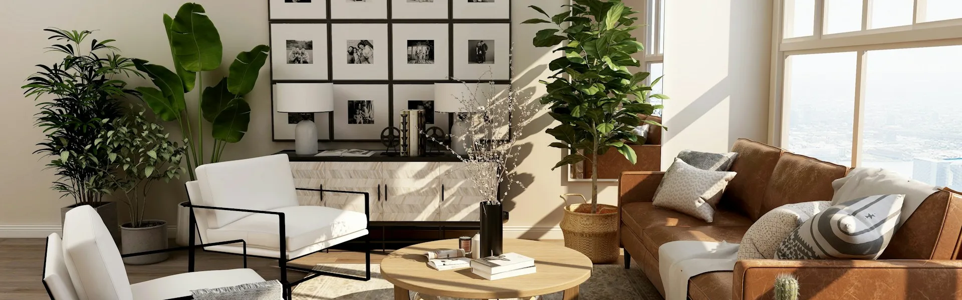 Interior de vivienda con tonos cálidos y materiales naturales