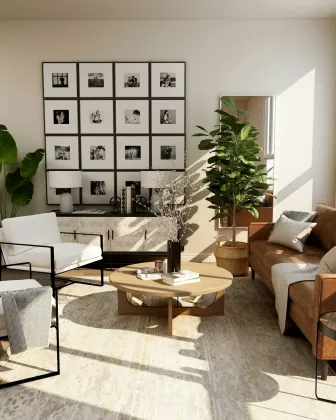 Interior de vivienda con tonos cálidos y materiales naturales