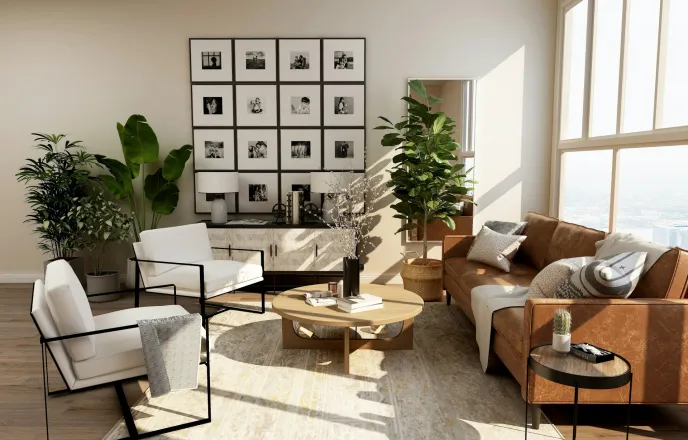 Interior de vivienda con tonos cálidos y materiales naturales